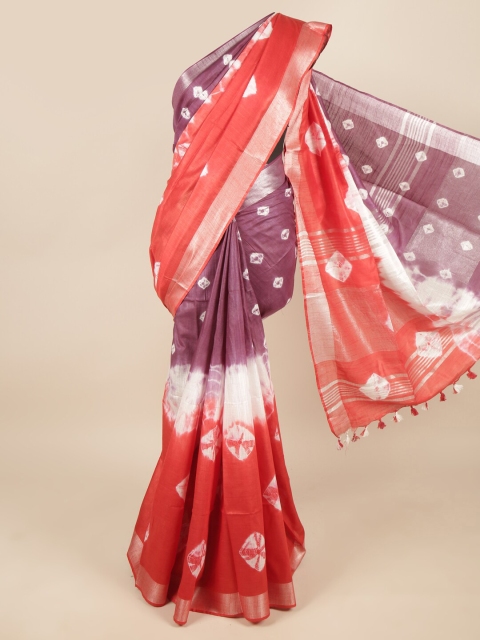 

Pothys Purple & White Bandhani Zari Linen Blend Saree