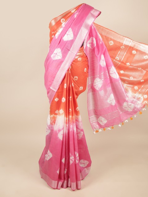 

Pothys Orange & Pink Bandhani Zari Linen Blend Saree