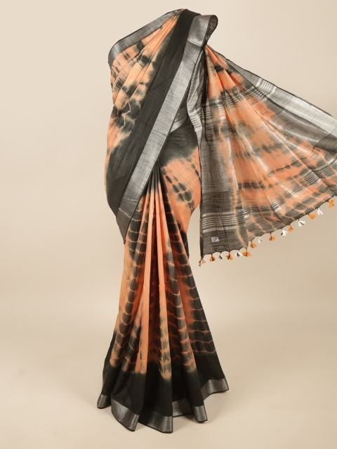 

Pothys Orange & Silver-Toned Tie and Dye Zari Linen Blend Saree