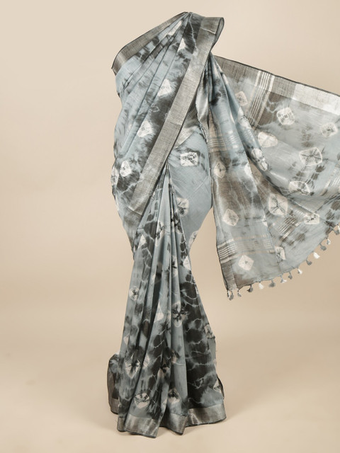 

Pothys Grey & Silver-Toned Bandhani Zari Linen Blend Saree