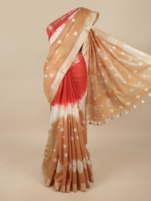 

Pothys Tan & Red Bandhani Zari Linen Blend Saree