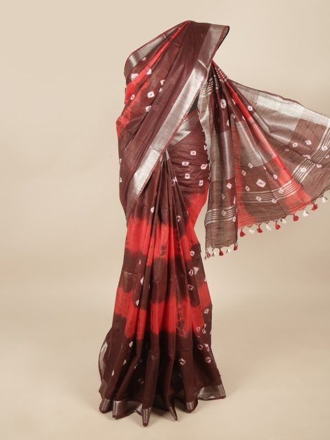 

Pothys Peach-Coloured & Silver-Toned Tie and Dye Zari Linen Blend Saree