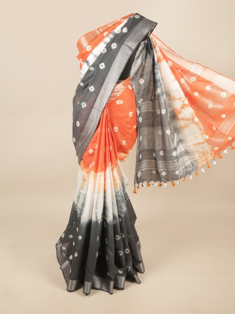 

Pothys Grey Melange & Orange Bandhani Zari Linen Blend Saree