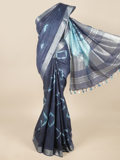

Pothys Navy Blue & Silver-Toned Bandhani Printed Zari Linen Blend Saree