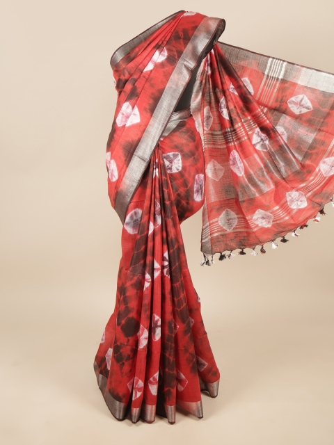 

Pothys Red & Silver-Toned Tie and Dye Zari Linen Blend Saree