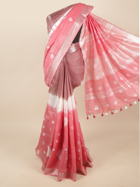 

Pothys Peach-Coloured & White Bandhani Zari Linen Blend Saree