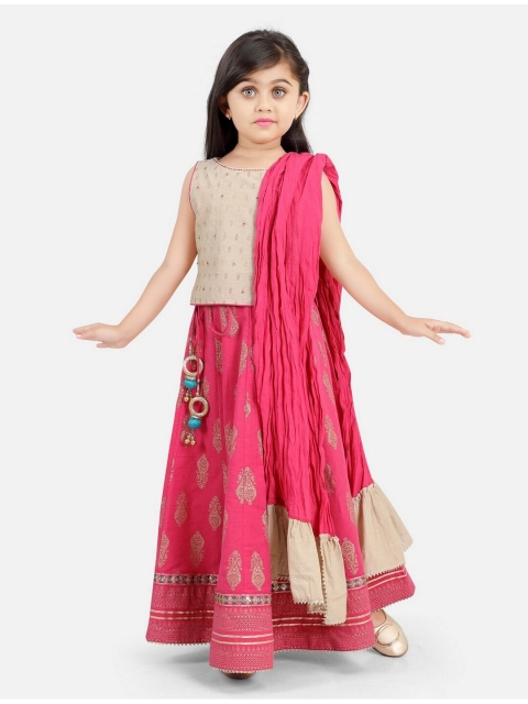

Ashneeta Girls Beige & Fuchsia Printed Sequinned Khari Print Ready to Wear Lehenga & Blouse With Dupatta