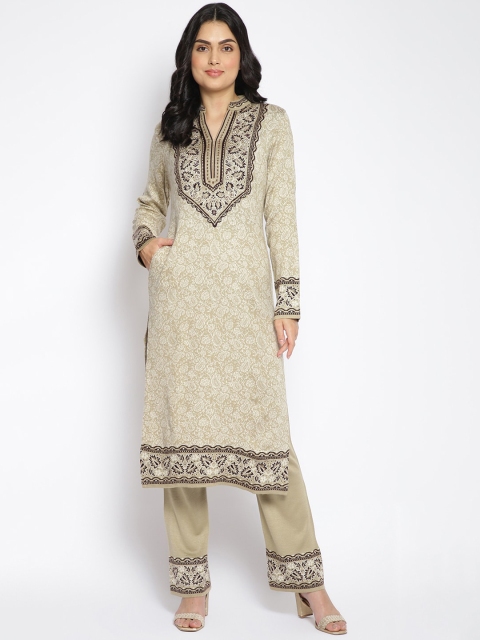 

MIKHAD Women Beige Ethnic Motifs Jacquard Woolen Kurta