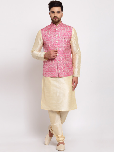 

MOHANLAL SONS Men Gold-Toned Dupion Silk Kurta with Churidar & Nehru Jacket