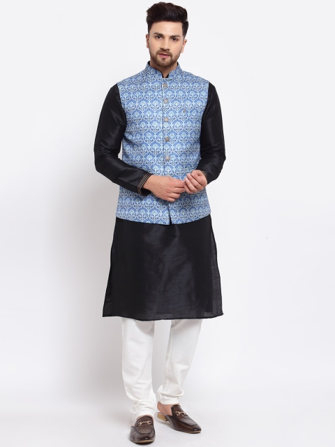 

MOHANLAL SONS Men Black Dupion Silk Kurta with Pyjamas & Nehru Jacket