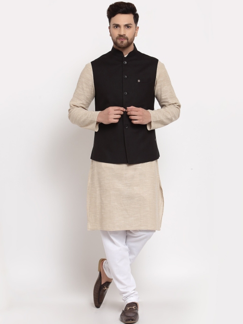 

MOHANLAL SONS Men Beige & White Pure Cotton Kurta with Churidar & Nehru Jacket