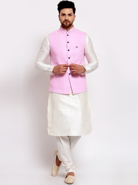 

MOHANLAL SONS Men Cream-Coloured & Pink Layered Dupion Silk Kurta Pyjamas & Nerhu Jacket