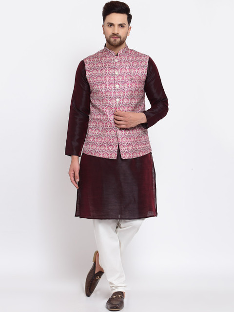 

MOHANLAL SONS Men Burgundy Dupion Silk Kurta with Pyjamas With Nehru Jacket