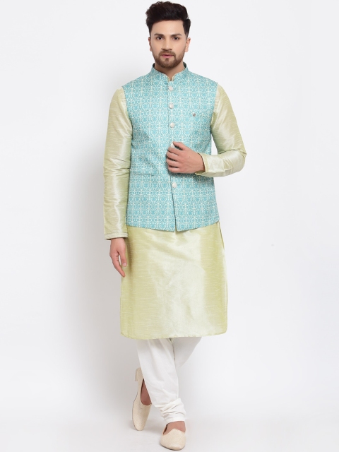 

MOHANLAL SONS Men Green & White Dupion Silk Kurta with Churidar & Nehru Jacket