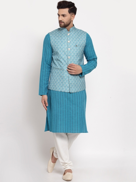 

MOHANLAL SONS Men Turquoise Blue Pure Cotton Kurta & Churidar With Nehru Jacket