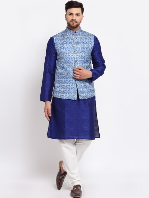 

MOHANLAL SONS Men Navy Blue & White Dupion Silk Kurta with Pyjamas & Nehru Jacket