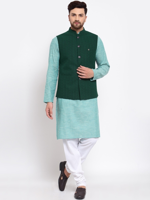 

MOHANLAL SONS Men Sea Green Pure Cotton Kurta with Pyjamas & Nehru Jacket