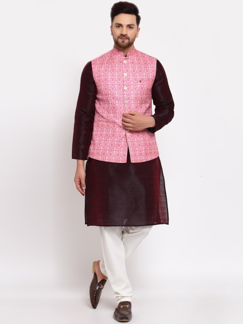 

MOHANLAL SONS Men Burgundy & White Dupion Silk Kurta With Pyjamas & Nehru Jacket