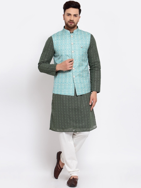 

MOHANLAL SONS Men Green Chikankari Silk Georgette Kurta with Pyjamas & Nehru Jacket
