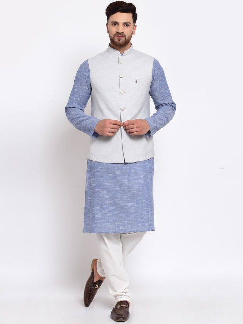 

MOHANLAL SONS Men Blue & White Pure Cotton Kurta with Pyjamas & Nehru Jacket
