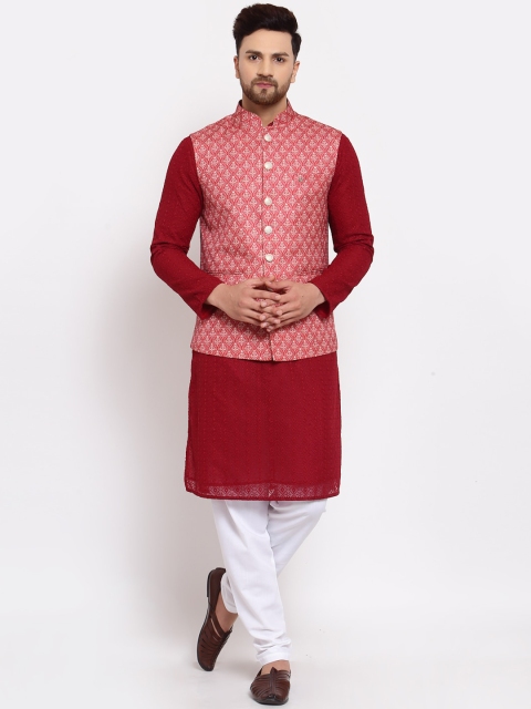 

MOHANLAL SONS Men Maroon Chikankari Silk Georgette Kurta with Pyjamas & Nehru Jacket