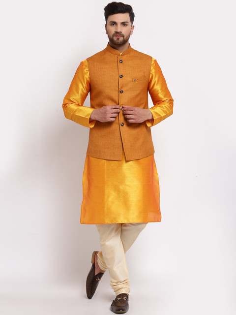 

MOHANLAL SONS Men Yellow Dupion Silk Kurta with Pyjamas With Nehru Jacket