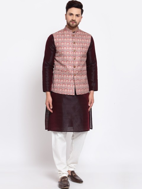 

MOHANLAL SONS Men Burgundy Dupion Silk Kurta with Pyjamas & Nehru Jacket