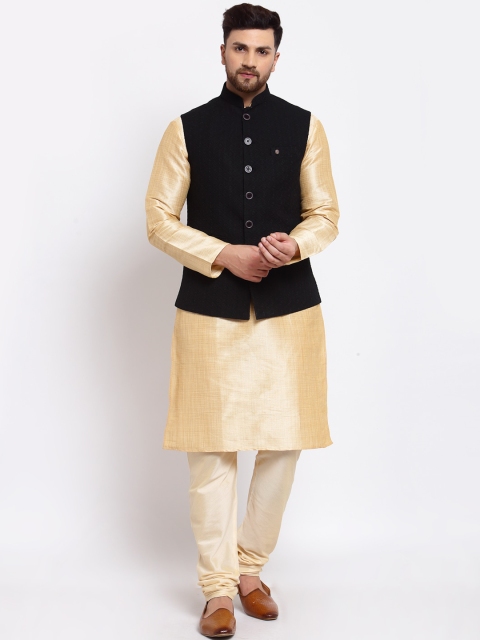

MOHANLAL SONS Men Gold-Toned Dupion Silk Kurta & Churidar With Nehru Jacket
