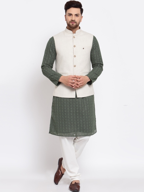 

MOHANLAL SONS Men Green Chikankari Silk Georgette Kurta with Churidar & Nehru Jacket