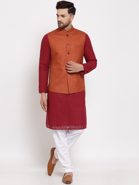 

MOHANLAL SONS Men Maroon & White Layered Silk Georgette Kurta With Pyjamas & Nehru Jacket