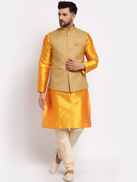 

MOHANLAL SONS Men Yellow & Beige Dupion Silk Kurta with Churidar & Nehru Jacket