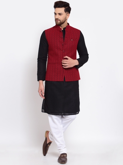 

MOHANLAL SONS Men Black Embroidered Silk Georgette Kurta with Pyjamas & Nehru Jacket