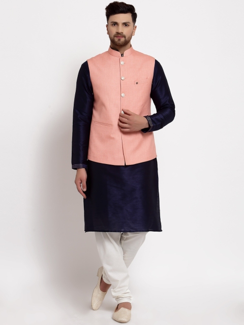 

MOHANLAL SONS Men Navy Blue Dupion Silk Kurta & Churidar With Nehru Jacket