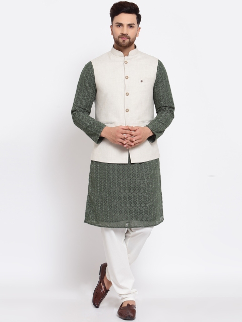 

MOHANLAL SONS Men Green & White Chikankari Kurta with Churidar & Nehru Jacket