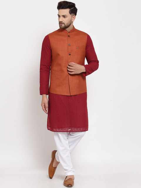 

MOHANLAL SONS Maroon Embroidered Chikankari Silk Georgette Kurta Set With Nehru Jacket