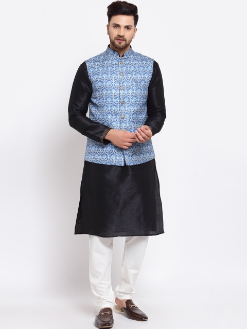 

MOHANLAL SONS Men Black Dupion Silk Kurta with Pyjamas & Nehru Jacket
