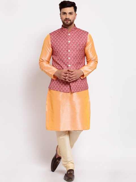 

MOHANLAL SONS Men Peach-Coloured Dupion Silk Kurta & Churidar With Nehru Jacket