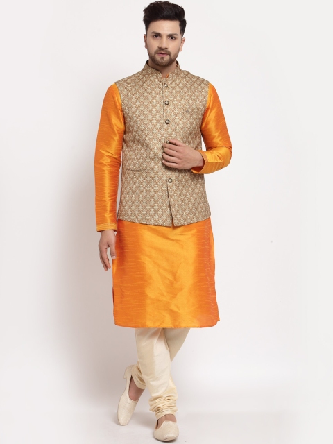 

MOHANLAL SONS Men Orange Dupion Silk Kurta with Churidar & Nehru Jacket