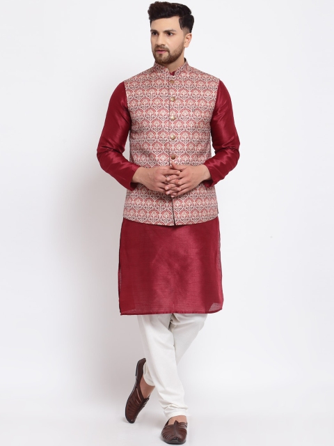 

MOHANLAL SONS Men Maroon Dupion Silk Kurta with Churidar With Nehru Jacket