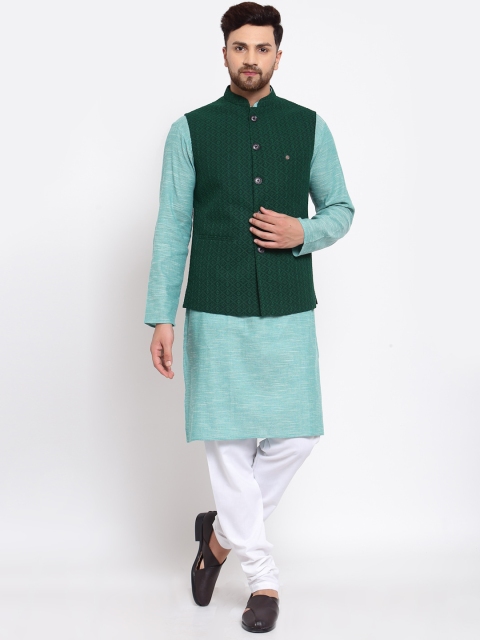 

MOHANLAL SONS Men Sea Green & White Pure Cotton Kurta with Churidar & Nehru Jacket