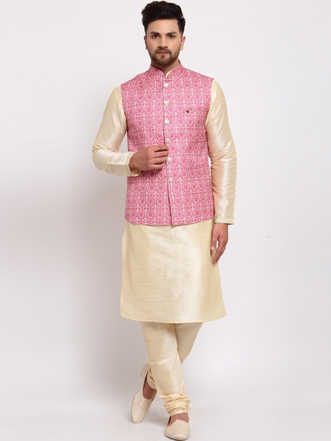 

MOHANLAL SONS Men Gold-Toned & Pink Dupion Silk Kurta with Churidar & Nehru Jacket