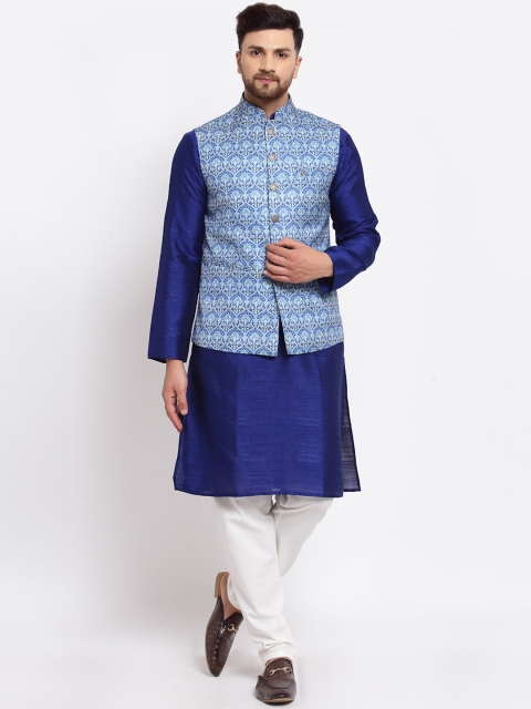 

MOHANLAL SONS Men Navy Blue & White Dupion Silk Kurta with Pyjamas & Nehru Jacket