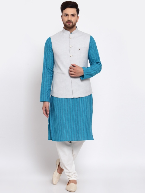 

MOHANLAL SONS Men Turquoise Blue Pure Cotton Kurta with Pyjamas & Nehru Jacket