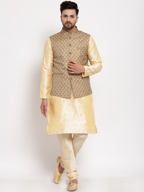 

MOHANLAL SONS Men Gold-Coloured & Brown Dupion Silk Kurta with Churidar & Nehru Jacket