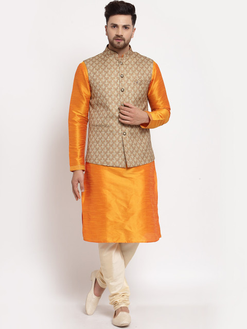 

MOHANLAL SONS Men Yellow Dupion Silk Kurta & Churidar With Nehru Jacket