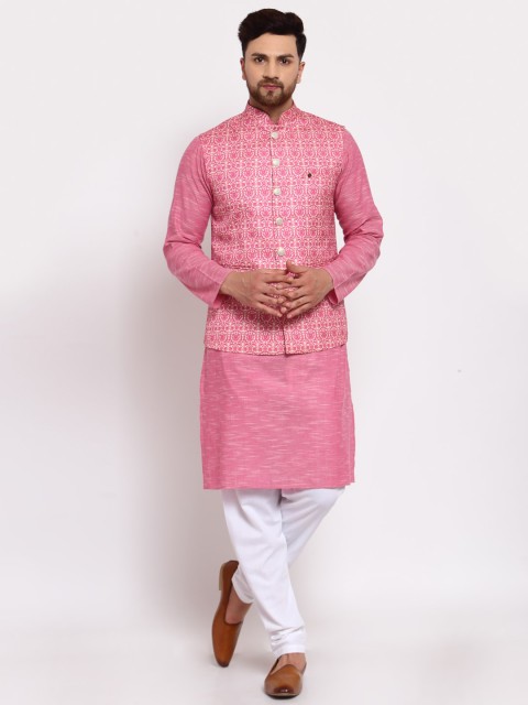 

MOHANLAL SONS Men Pink & White Pure Cotton Kurta with Churidar & Nehru Jacket