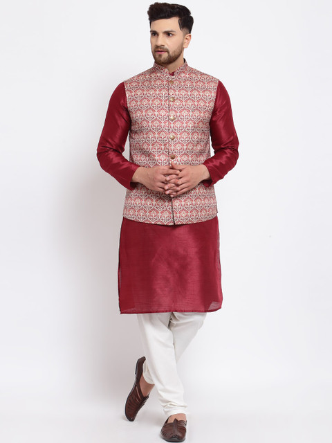 

MOHANLAL SONS Men Maroon & White Layered Dupion Silk Kurta with Pyjamas & Nehru Jacket
