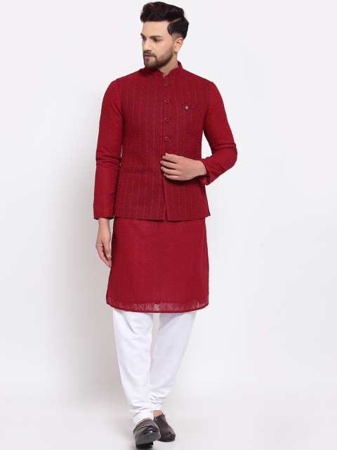 

MOHANLAL SONS Men Maroon Embroidered Chikankari Silk Georgette Kurta Set With Nehru Jacket