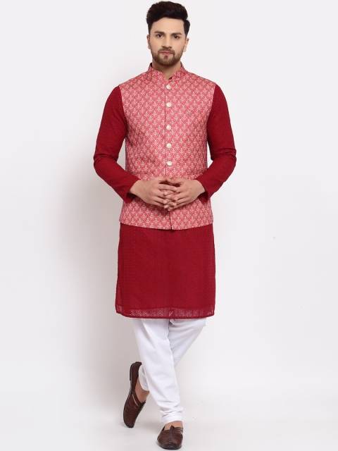 

MOHANLAL SONS Men Maroon Embroidered Silk Georgette Kurta with Pyjamas & Nehru Jacket