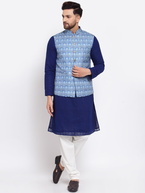 

MOHANLAL SONS Men Navy Blue Chikankari Silk Georgette Kurta & Churidar With Nehru Jacket